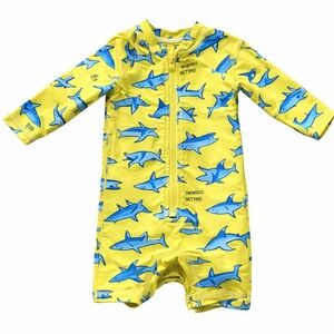Yellow Shark Print Kids Swimwear Rash Guard